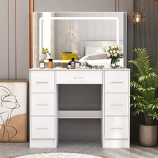 Vanity Table Set Makeup Desk & Lighted Mirror Storage 7 Drawers Dresser Desk