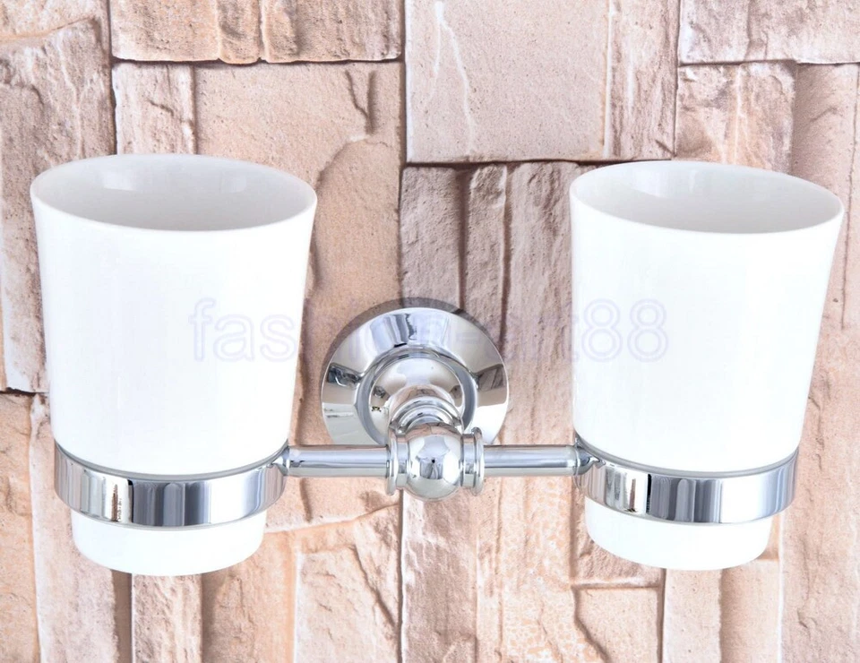 Polished Chrome Wall Mounted Bathroom Toothbrush Holder Set Ceramic Cups fba798 Foto 4 de 4
