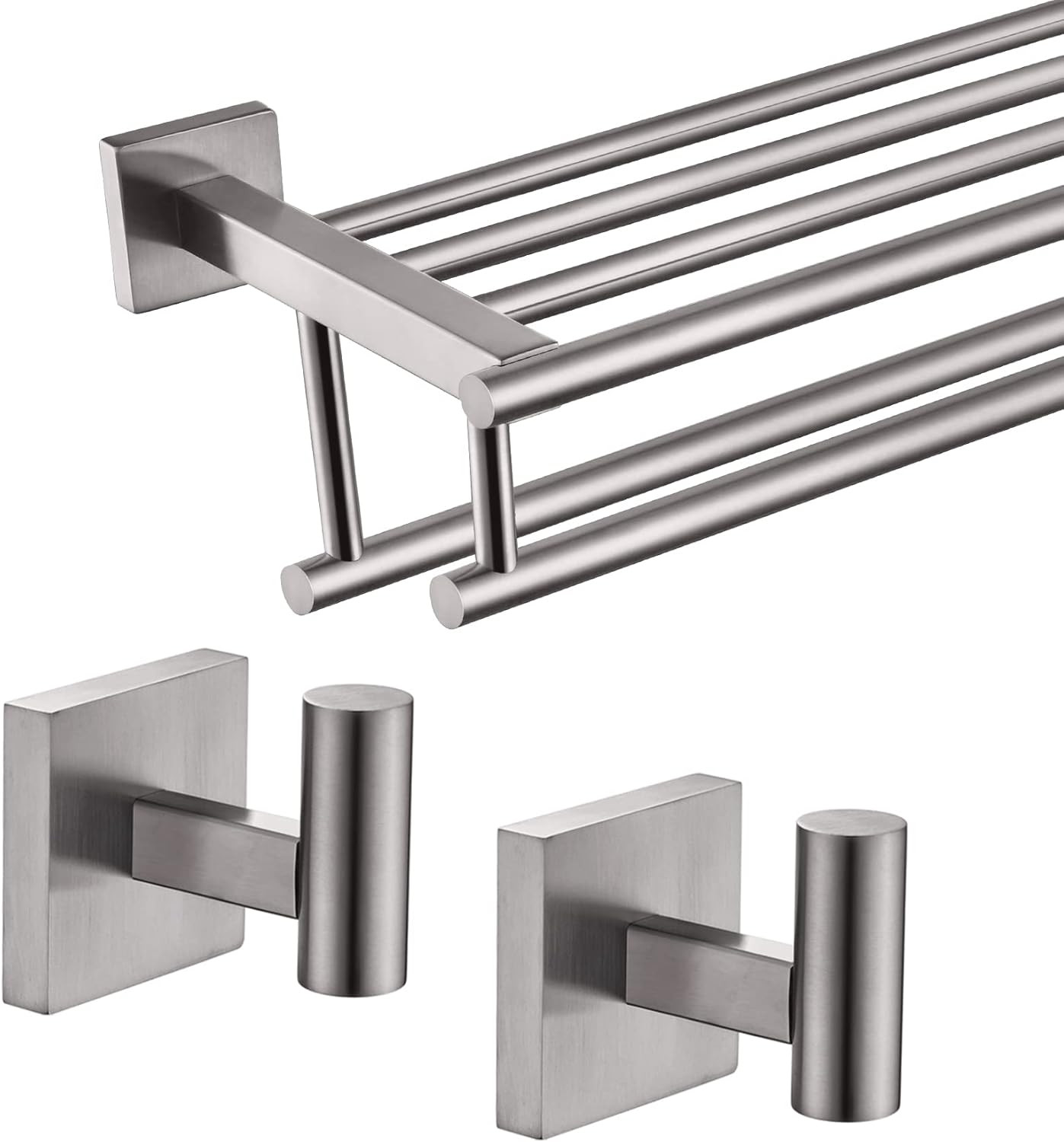 Rack With Double Bars & Hooks - Brushed Nickel, 2 Pack