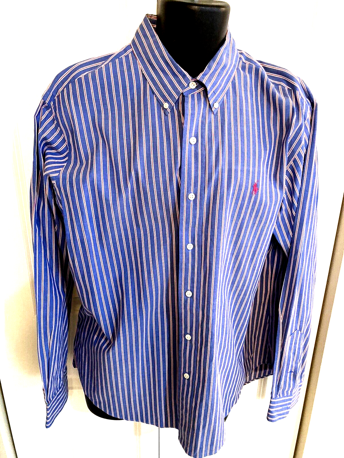 Polo Ralph Lauren Custom Fit Size XL Blue with Red & White Stripes Dress Shirt
