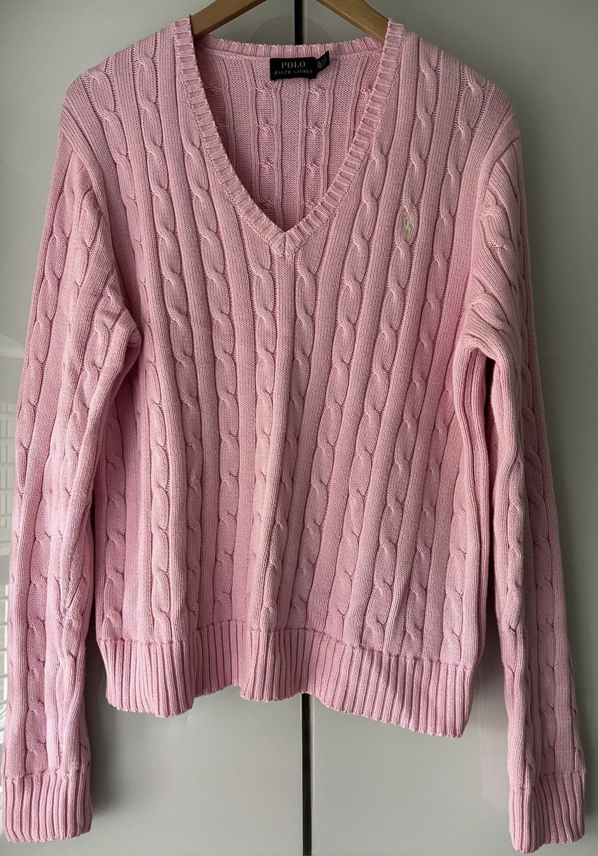 Ralph Lauren Women's Pink Cable Knit Cotton V-Neck jumper XL pre