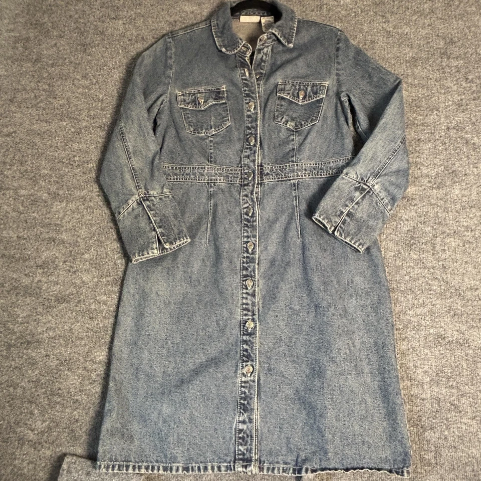 Faded Glory Denim Dress Womens Medium Blue Button Front Long Sleeve Jean Pockets - Image 3 of 4