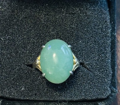 Mid Century Vintage Jadeite Jade  Dinner Ring SS Sz 8. Ty Lee Hong Kong.