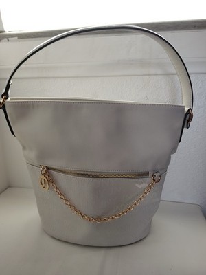Joy White Monogram Bucket Shoulder Bag Gold Chain Hardware Zip Closure Women