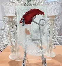 Peggy Karr Fused Glass Crescent Moon Santa 10" Platter Tray Christmas w/ Box