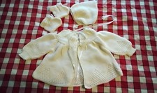 Vintage White Knitted Baby Outfit - Sweater, Hat And Booties - New