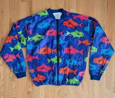 Bob Chin's Crab House Vintage Fish Print Jacket XL Tyvek Paper All Over Print 