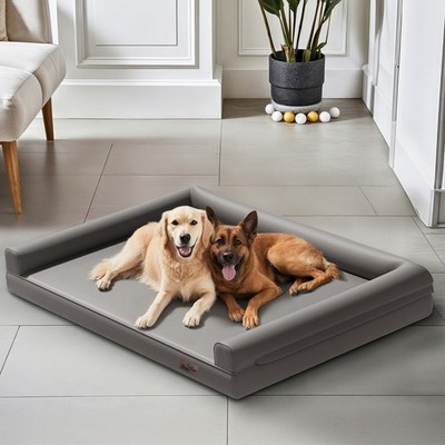 Leather Covered Waterproof Dog Bed Orthopedic Thick Foam Bolstered Cushion Mats
