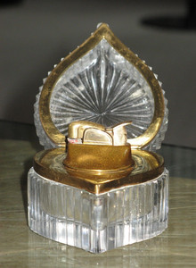 Vtg.  France Evans Cut Crystal & Bronze Heart Shape Table Cigarette Lighter 3x3