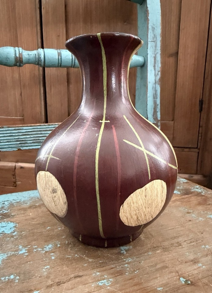 Vintage MCM Faux Bois Ceramic Vase Painted Wood Grain Abstract 9” Mid Century