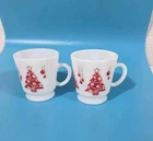 2 Vtg Hazel-Atlas Milk Glass Red Christmas Tree 8oz Egg Nog Cup Mug Excellent