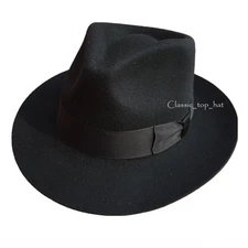 Authentic Israel Jewish Wool Fedora Cap - Hasidic Style, Black Felt, Wide Brim