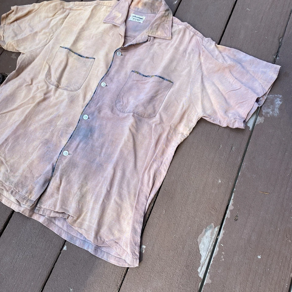 Vintage 50s Orange Faded Rayon Loop Collar Shirt Short Sleeve Medium Pennleigh - Image 4 of 4