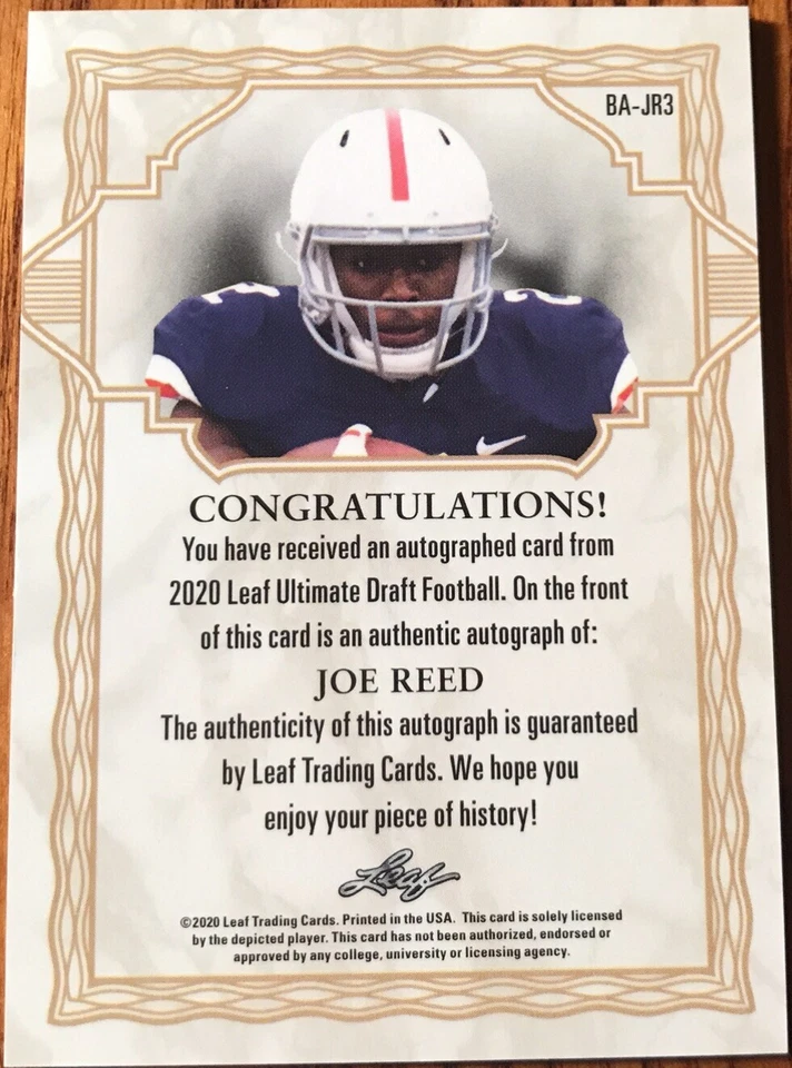 2020 Leaf Ultimate Draft Autograph Joe Reed #BA-JR3 #’d 39/50 Virginia Cavaliers - Image 2 of 2