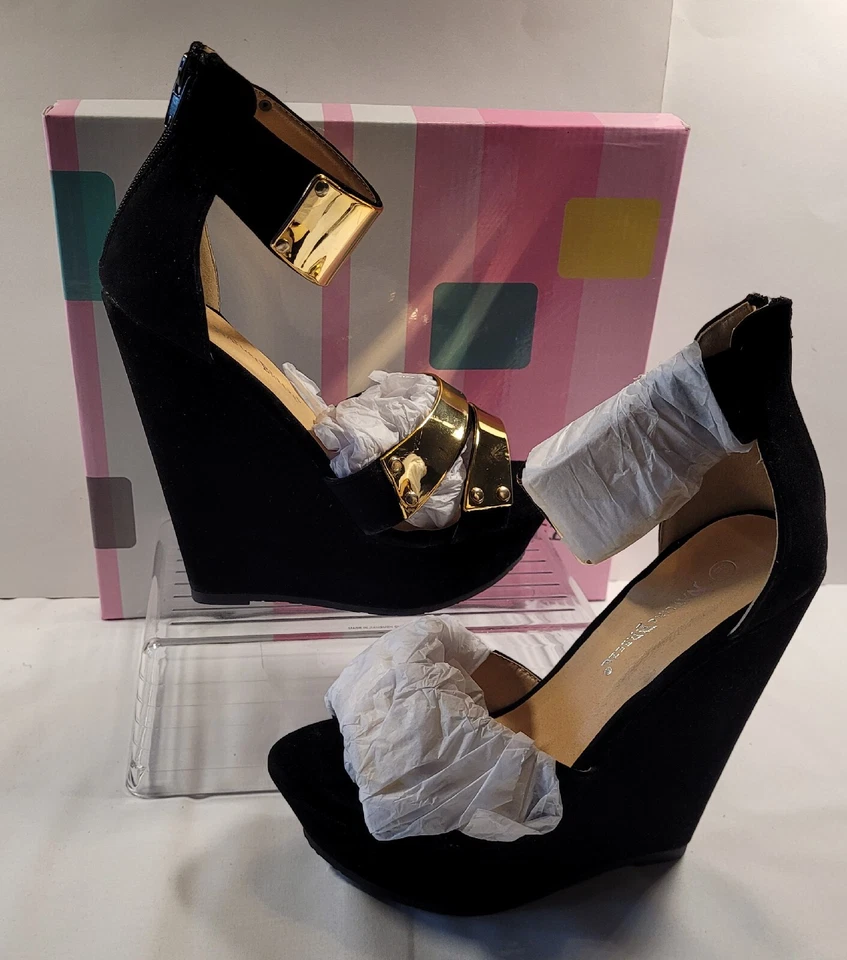 Damas NATURE BREEZE Negro Gamuza-Dorado Correa Tacón de Cuña Alto Talla 6 1/2, Devan-05 Foto 2 de 4