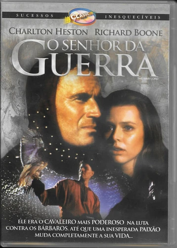 DVD cover of “O Senhor da Guerra” aka “The War Lord” with golden sword and battle scene, Portuguese subtitles in white text.