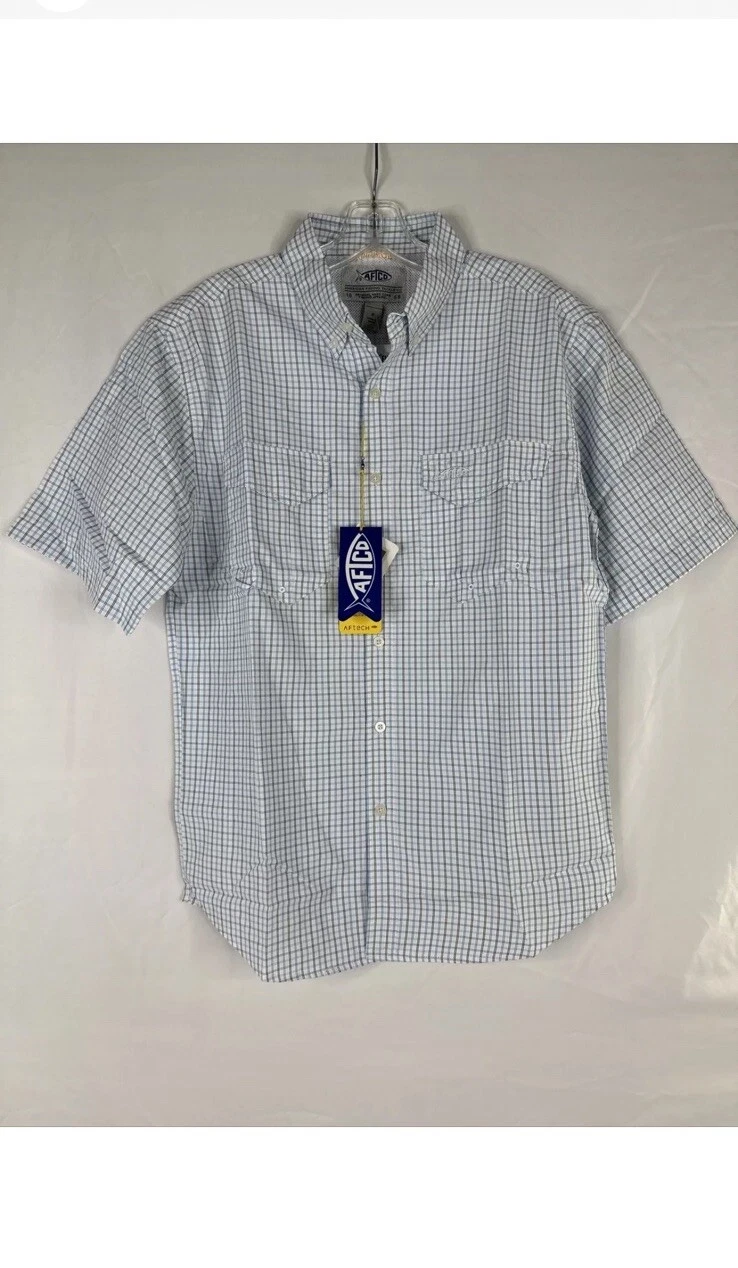 AFTCO Sirius Vented Fishing Shirt Mens Size S White Plaid Short Sleeve AFTECH