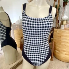 Swimsuit VTG 80s Black White Seersucker Gingham Sz 7/8 One Piece