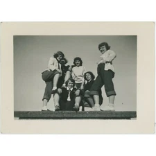 Vintage Black And White Photo Women Snapshot Posing Smiling Friends 1940s Tomboy