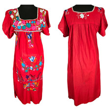Vintage Mexican Handmade Cotton Embroidered Floral Dress Red Boho Peasant SZ Med