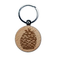 Pinecone Sketch Engraved Wood Round Keychain Tag Charm