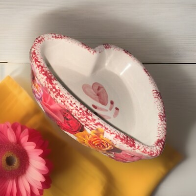 Vintage 90 s  Sponge Stoneware Red Pink Heart Flowers Trinket Dish Rare Custom