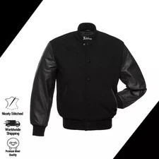 Varsity Letterman Baseball Jacket Genuine Black Leather Sleeves and Black wool