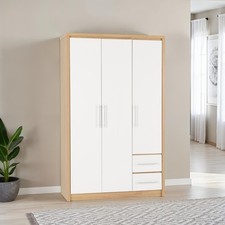 Seville 3 Door 2 Drawer Wardrobe White Gloss Light Oak Bedroom Storage Cabinet