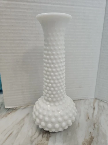 Vintage  E.O. Brody White Milk Glass Hobnail Bud Vase 8"