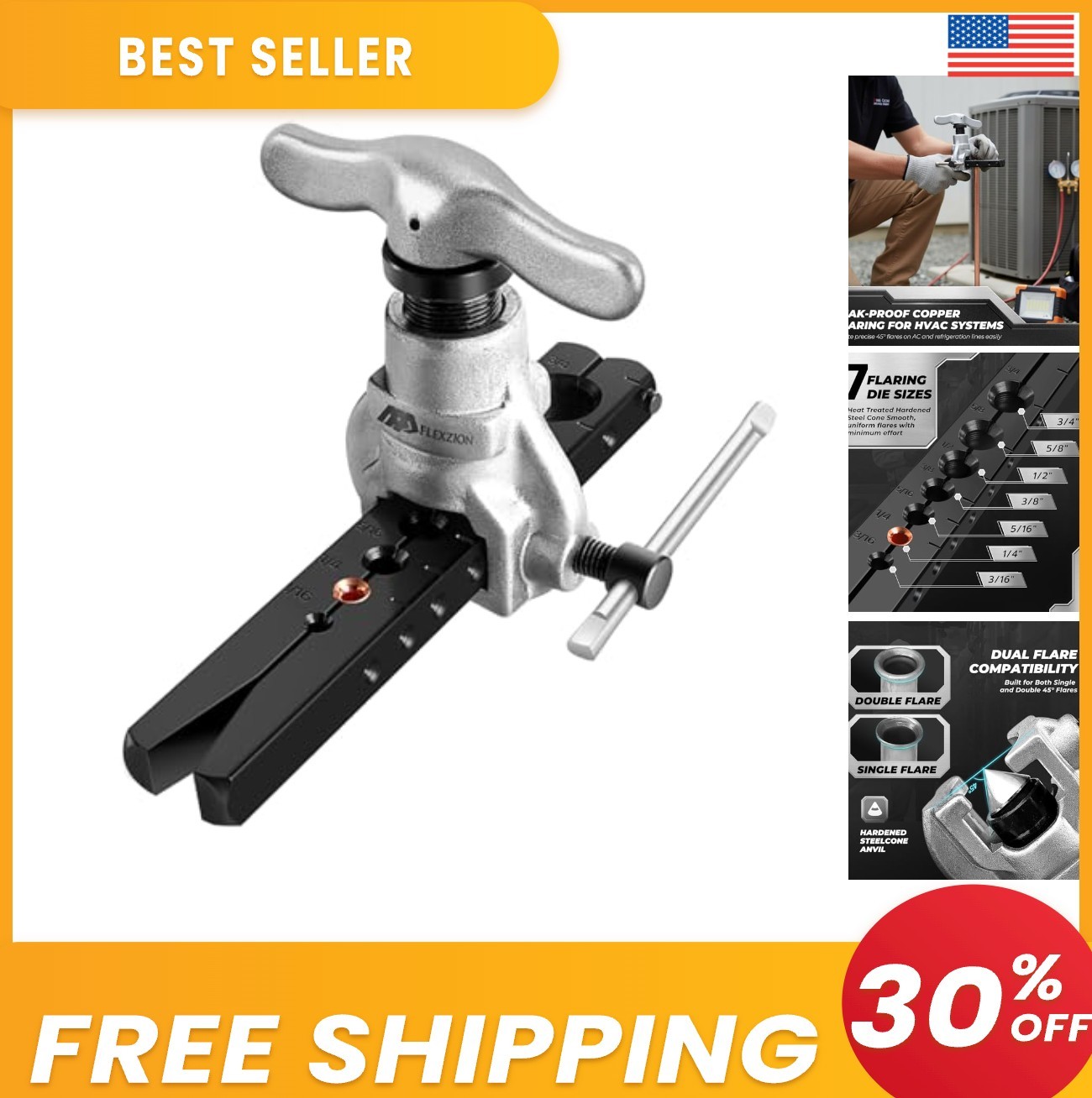 45 Degree Copper Pipe Flaring Tool Kit 7 Die Sizes 3/16 to 3/4 In HVAC Brake