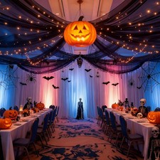 Black Ceiling Drapes with Lights String for Weddings, 6 Panels 5ftx10ft Sheer