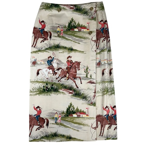 Vintage Western Cowgirl Horse Novelty Print Wrap Skirt Horse Head Buttons Tan 27
