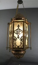 Lampada a sospensione antica islamica esagonale grande ottone vetro smerigliato soffitto lanterna