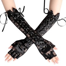 Geyoga Long Lace Fingerless Gloves Women Elbow Punk Flower Ribbon Gloves Black