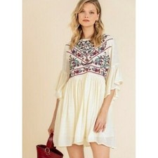 Umgee Floral Embroidered Ruffle Sleeve Cream Mini Dress Size S