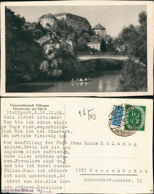 Postcard Tübingen Avenue Bridge with Castle Rowerer 1950