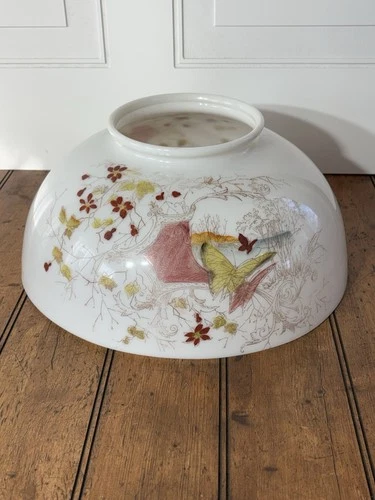 Antique Hand Painted Milk Glass Oil Lamp Shade Butterfly Floral 14”