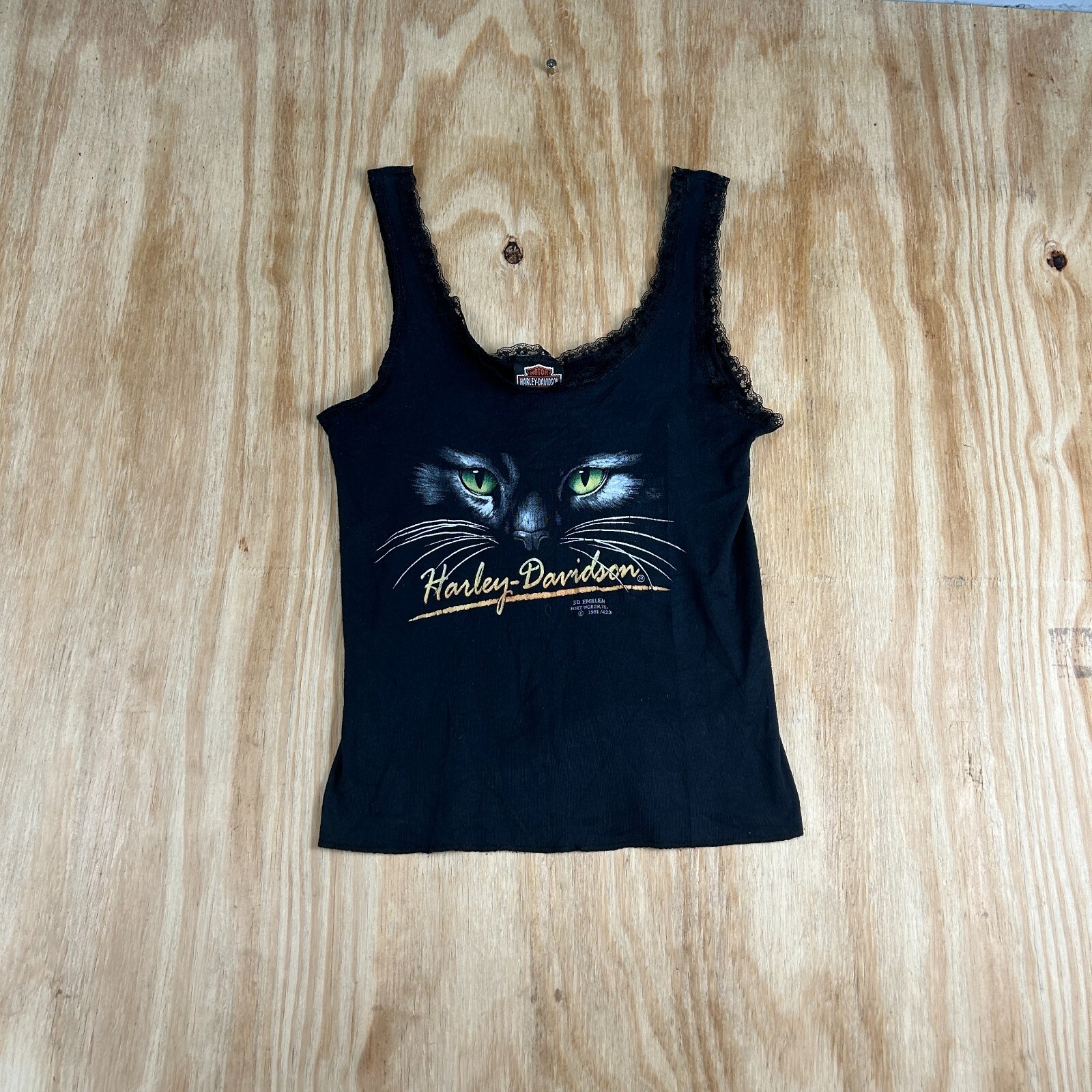 VTG 90's Harley Davidson Clothes Emblem Kitty Cat Women's Black Tank Top Size M