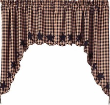Farmhouse Check Window Swag Set Black Star Patched Scalloped Hem Cotton Lined