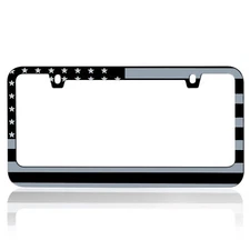 2X Metal Matte Black & Gray American USA Flag Style License Plate Frame