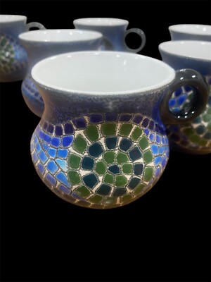 Eduardo Vega Pottery Vintage Mugs - Set of 6- Mosaic Signed, Rare, 8 oz MCM