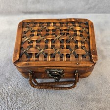 Vintage Wicker Bamboo Rattan Purse Basket Box Rounded Top Hook Hasp Latch Lock