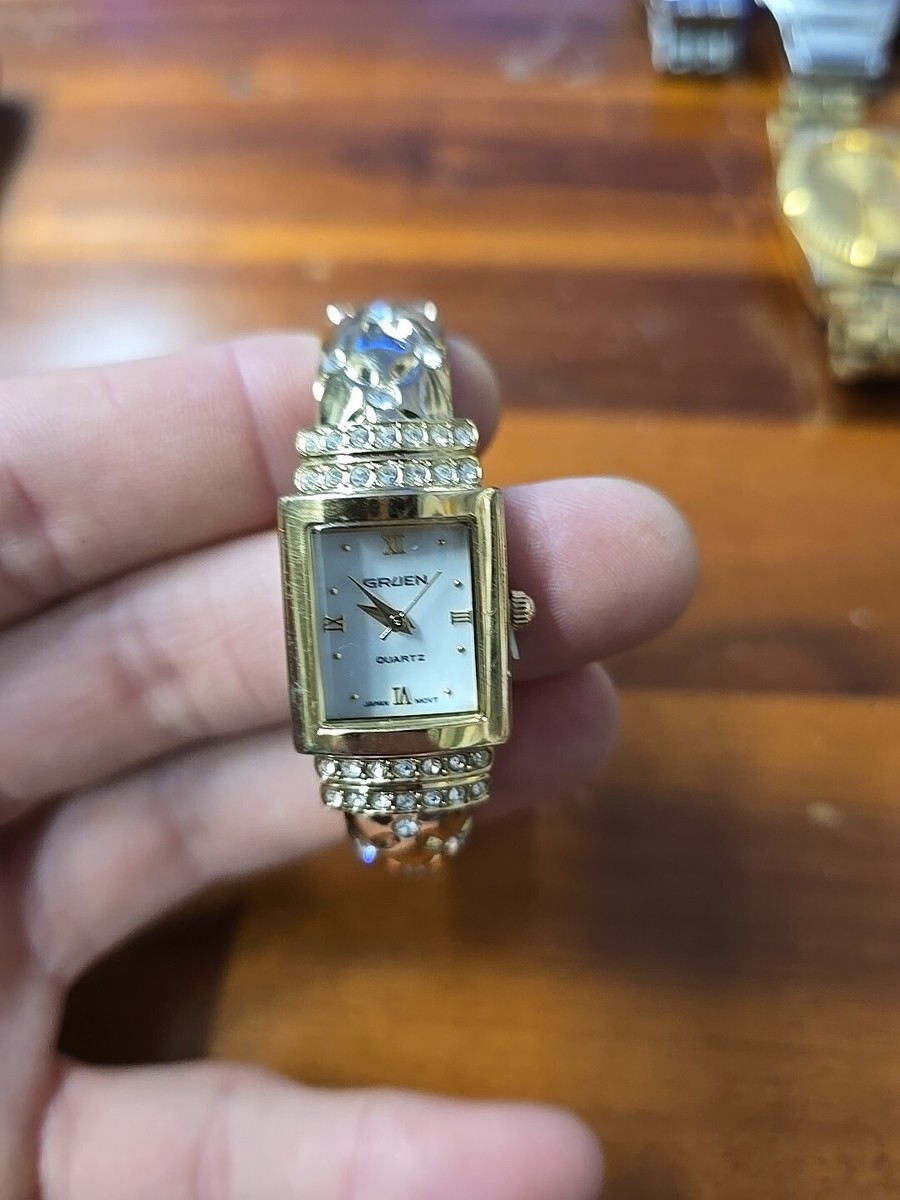 Gruen Watch Mother of Pearl Face‎ Gold Tone Womens Stainless Jewel Needs Battery Gruen Swiss Diamond Bezel Gold Tone Mother of Pearl Dial  main image 4