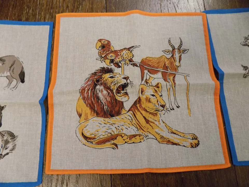 Vtg Lot Lion Giraffe Elephant Hippo Zebra Swan Birds Jungle Handkerchief Squares - Image 4 of 4