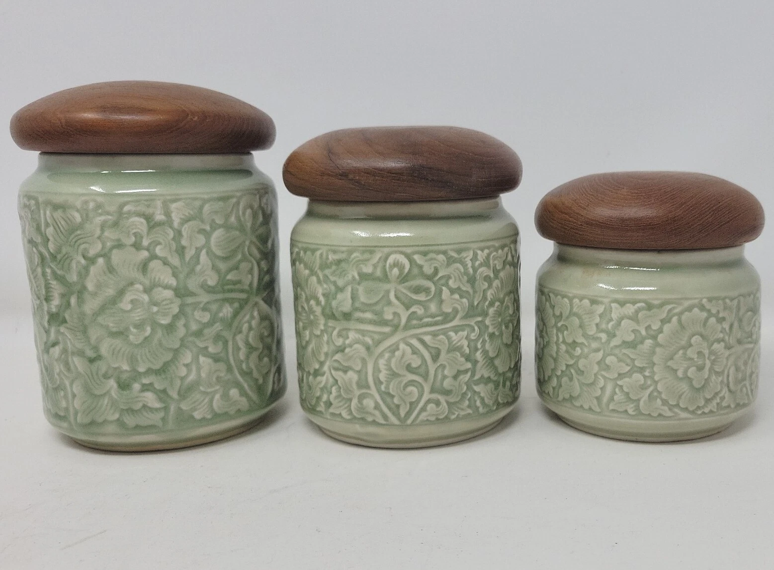 SIAM CELADON Hand Signed Vintage Wood Lid 3 Piece Lot Canisters 4"-5.5"