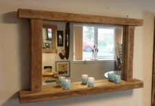 Large Reclaimed  wooden driftwood style farmhouse wall mirror with shelf