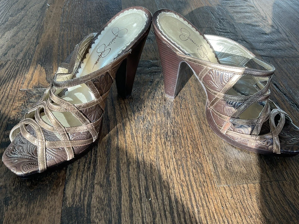 Jessica Simpson 一脚蹬锥形鞋跟凉鞋棕色皮革女式美国 8.5B 码 — 第 4/4 张图片