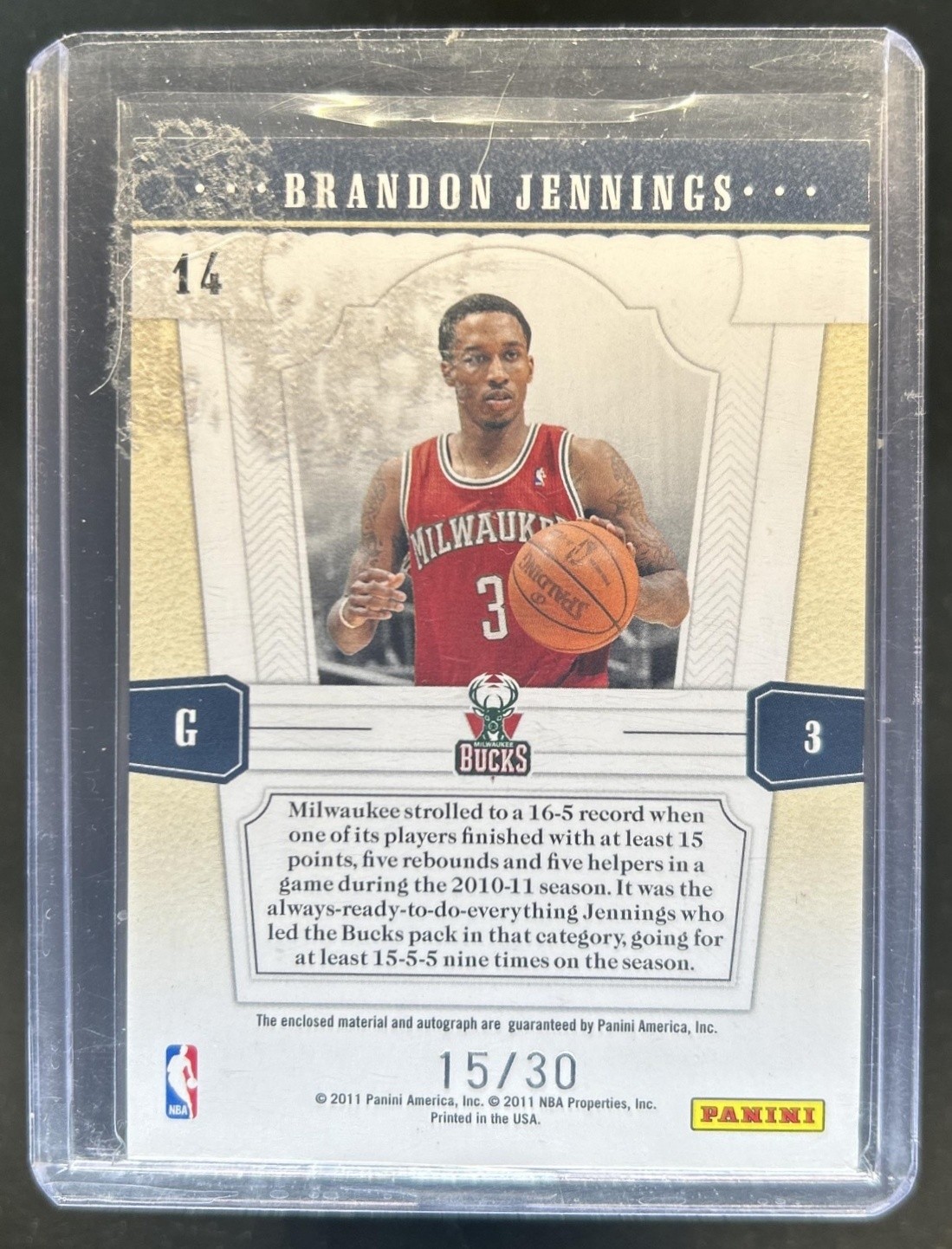 2010 National Treasures Brandon Jennings Timeline Nicknames Jersey Auto #/30 view 2