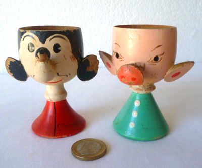 2 ALTE BEMALTE HOLZSCHALE MAUS UND SCHWEIN
