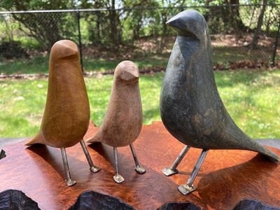 Mid Century Modern Style Hand Carved Wood Bird Trio Minimalist Folk Art Figures